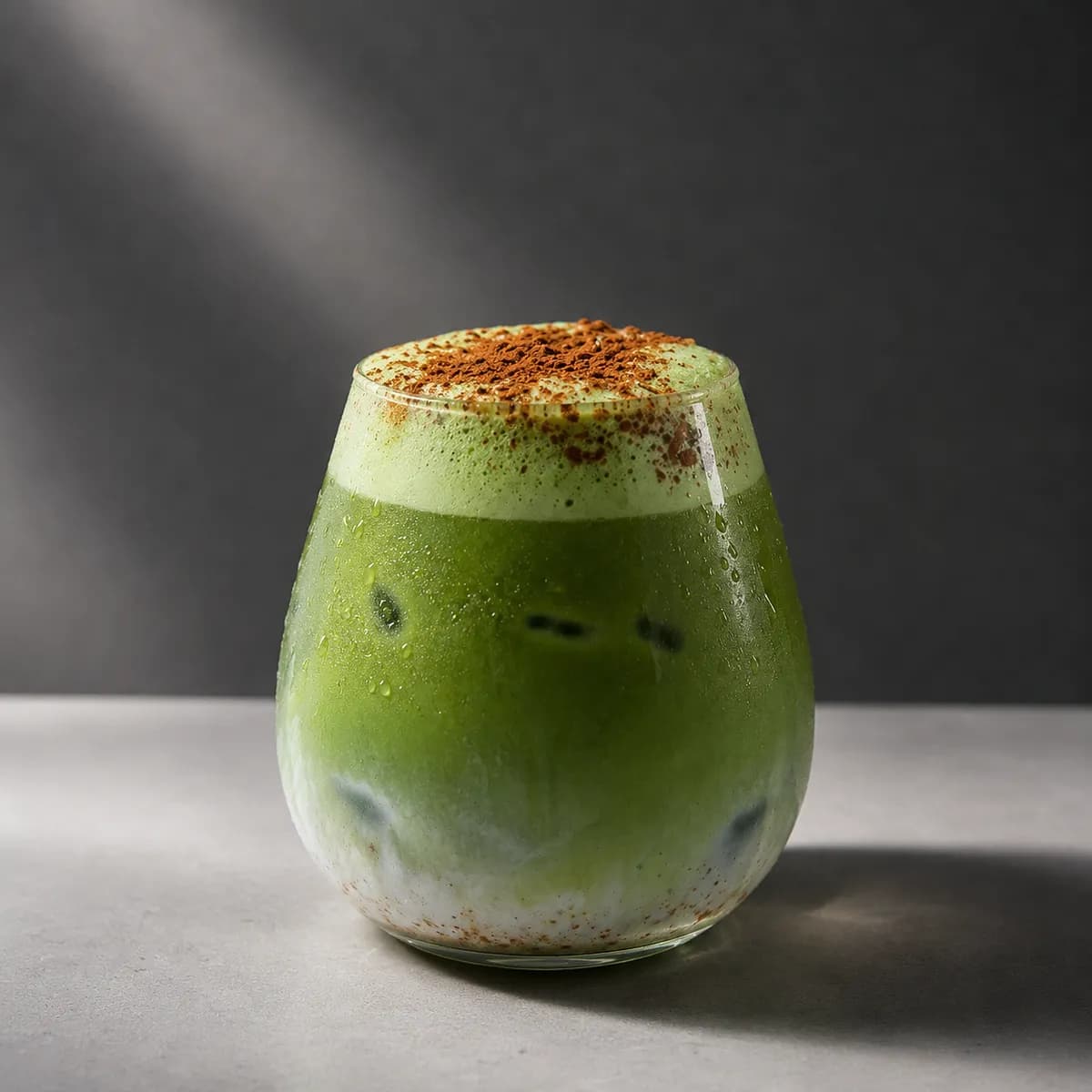 Gingerbread matcha latte dusted with cinnamon