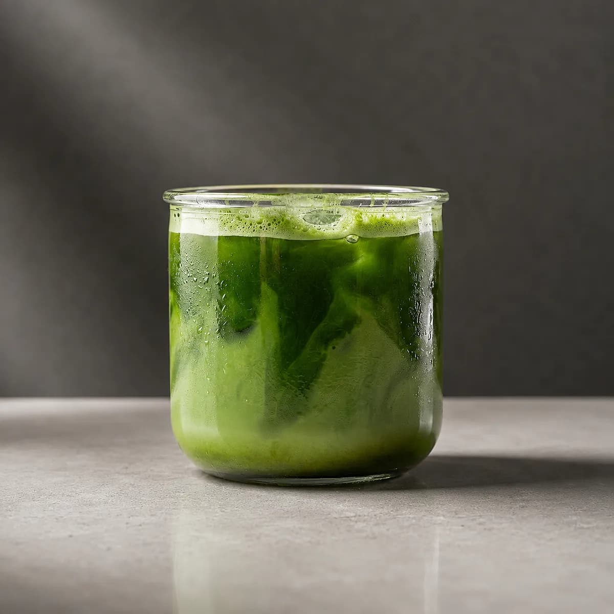 Iced matcha latte swirling with milk in a glass