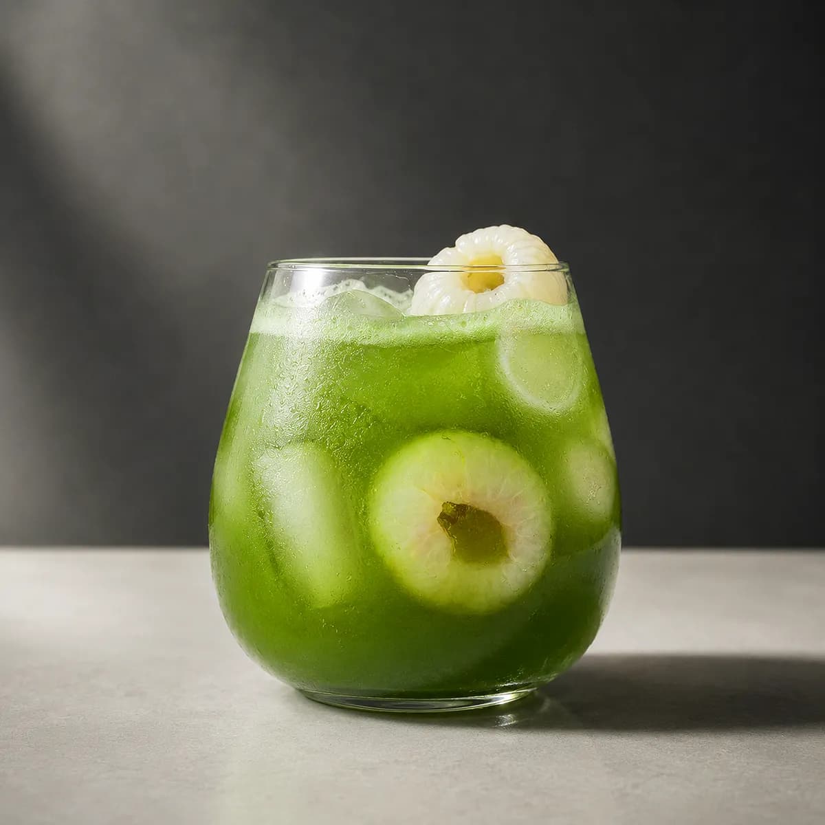 Sparkling lychee blossom matcha over ice with lychees