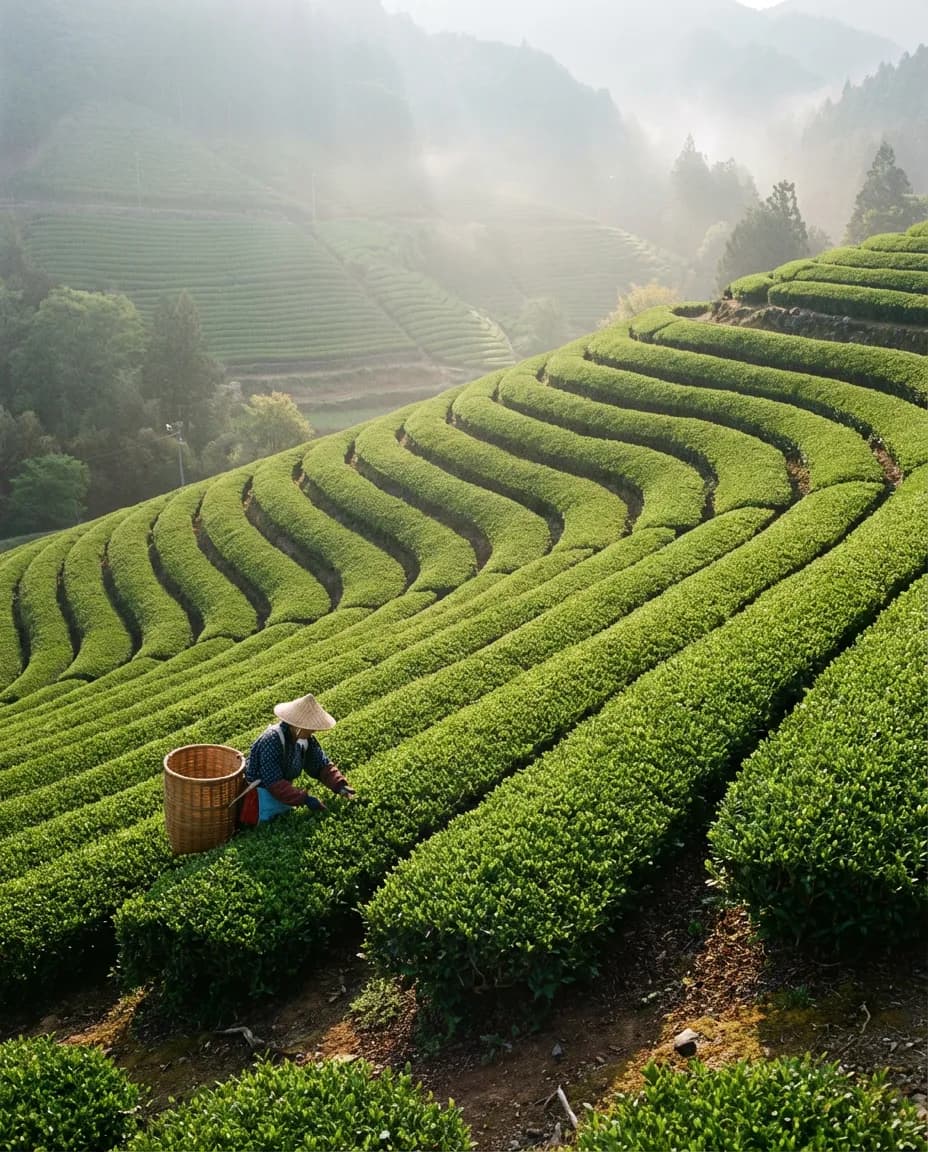Tea picker harvesting terraced rows in morning mist